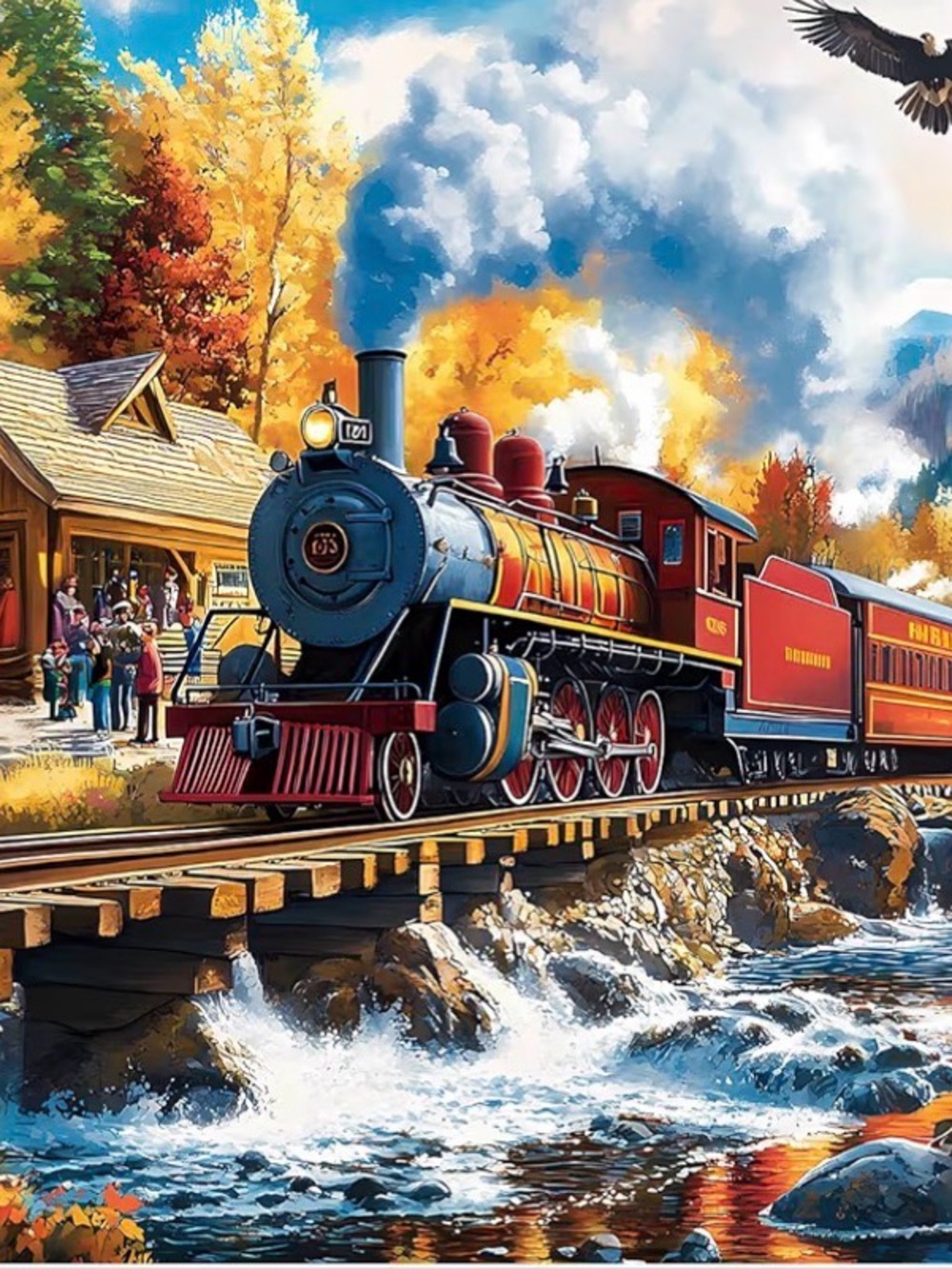 500-Piece Fall Train Jigsaw Puzzle – Orange Red & Blue Scenic Locomotive - Picture 2 of 4